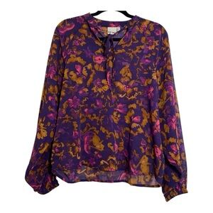 Ichi Sz 34 Sheer Boho Floral Blouson Sleeve Blouse with V-Neck Tie Elastic Cuff